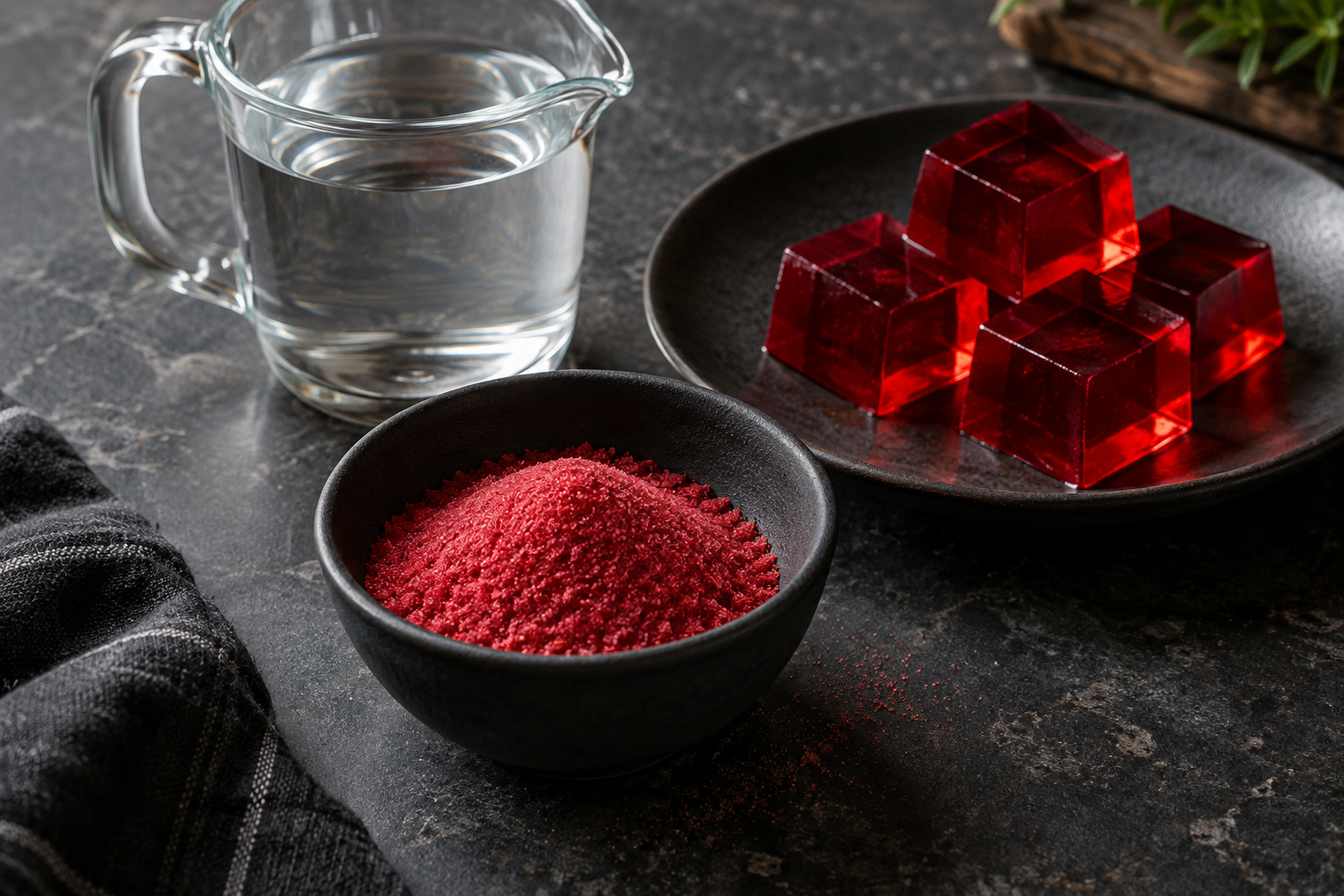 Illustrative red gelatin powder, water and prepared red gelatin cubes