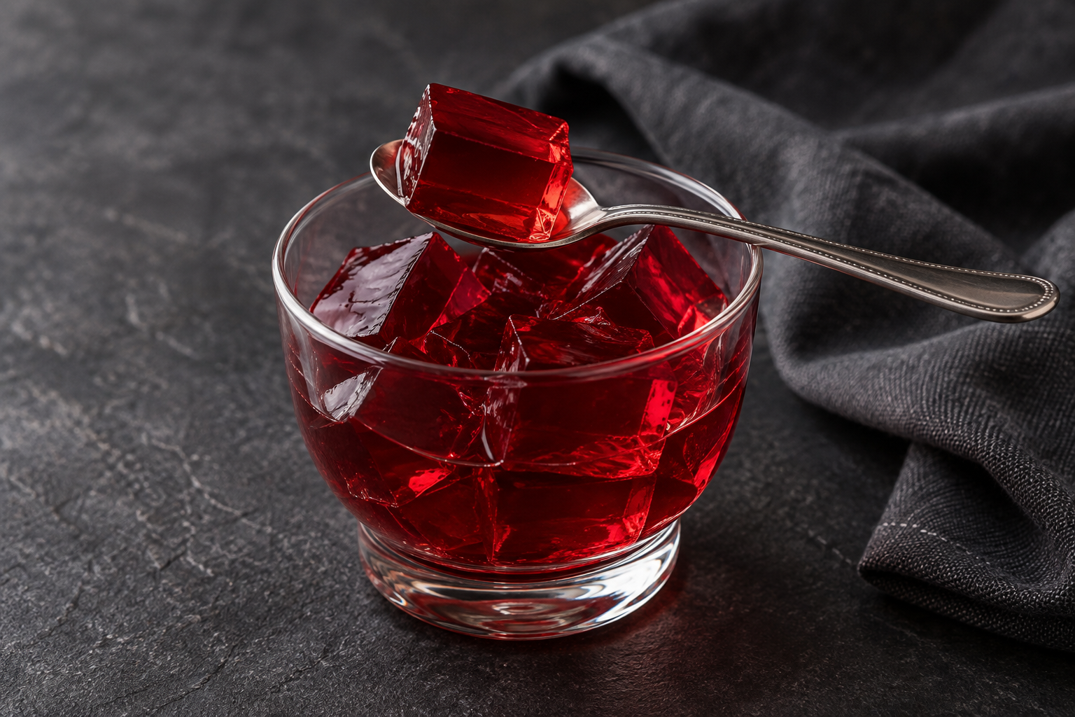 Illustrative red gelatin cubes in a glass with a spoon